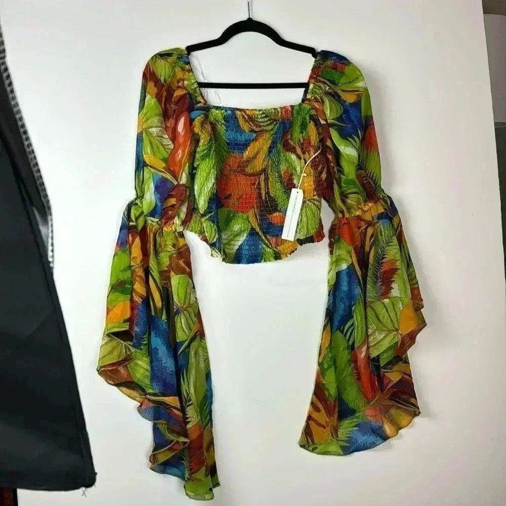LIVE 4 TRUTH SZM tropical crop top elastic bodice flowing feminine sleeves multi - Picture 4 of 7